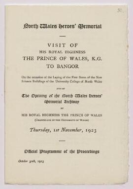The Opening of the North Wales Heroes’ Memorial Archway – Official Programme of the Proceedings,