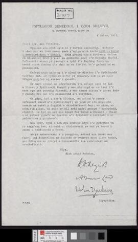 Newsletter entitled 'Oddi wrth y Pwyllgor Seneddol i godi milwyr',