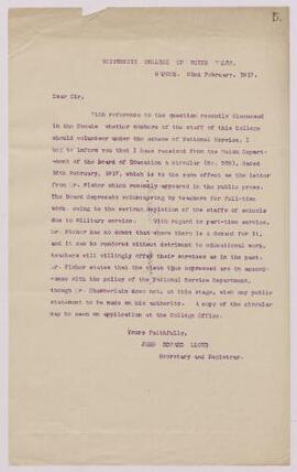 Circular from J.E. Lloyd, Secretary and Registrar, UCNW,