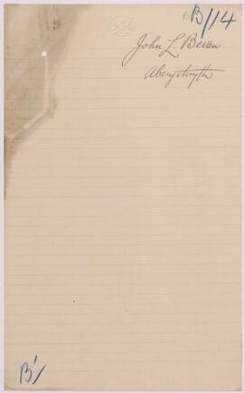 John L. Bevan, Aberystwyth, Feb,