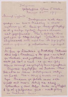 Llythyr oddi wrth Kate [Roberts] at H[ughie] E. Williams, yn Ffrainc,