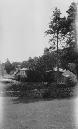 [Corner of a house set in woodland]