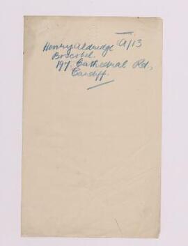 Henry Aldridge, Cardiff, Dec. 1915, re commission for Claude Blackall,