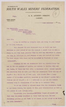 Letter from Thomas Richards, General Secretary, SWMF,